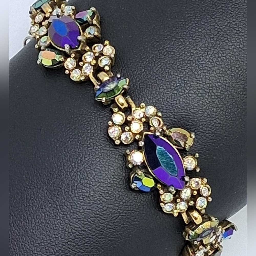 * Vintage Hollycraft 1956 AB Crystal & Purple Rhinestone Ornate Bracelet